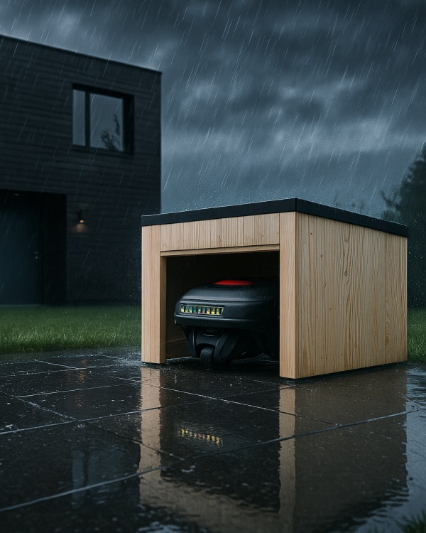 Moderne robotklippergarasje i svart som beskytter robotgressklipper