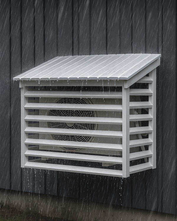 Elegant varmepumpehus i hvitmalt tre som beskytter varmepumpe