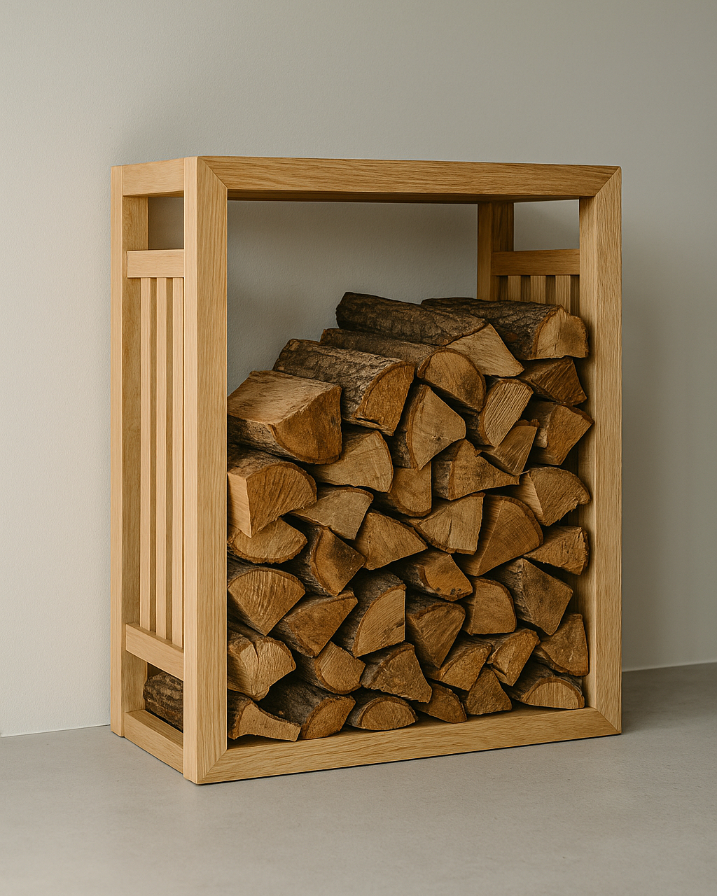 Moderne vedhylle i tre med rene linjer og minimalistisk design