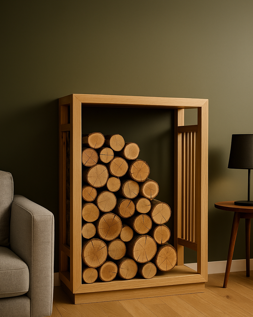 Skreddersydd vedhylle fylt med ved, viser funksjonalitet og kapasitet