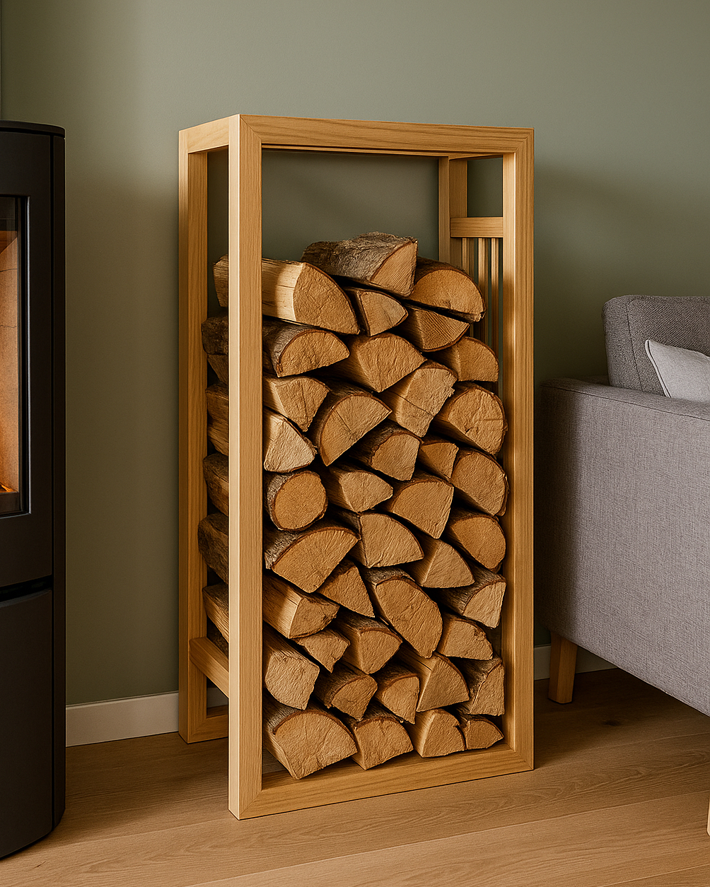 Detaljbilde av vedhylle som viser kvalitet og håndverk